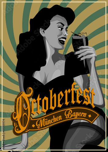 Vector pin up girl waitress hanging beer.