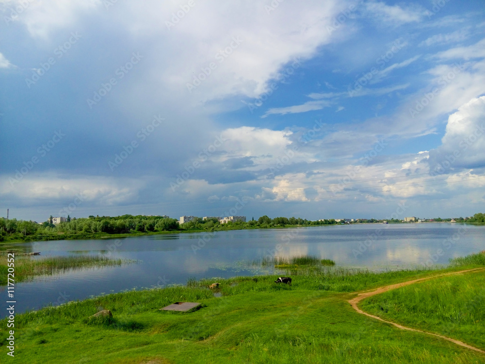 Beautiful nature, river and cloudy blue sky/Beautiful nature, river and cloudy blue sky