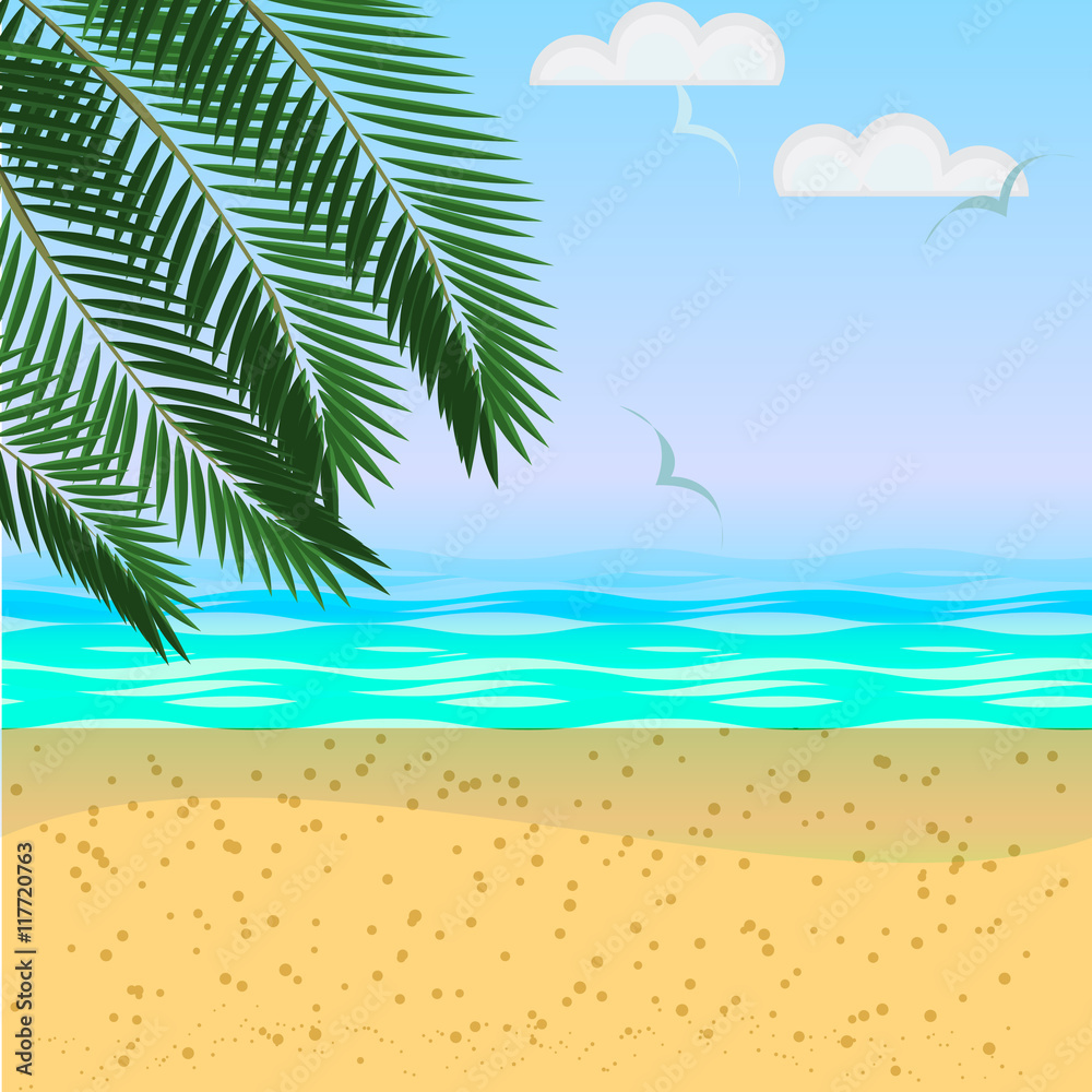 Vector summer sea landscape with palm leaves, beach, beautiful sea, blue sky