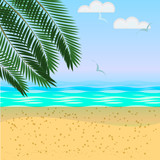 Vector summer sea landscape with palm leaves, beach, beautiful sea, blue sky