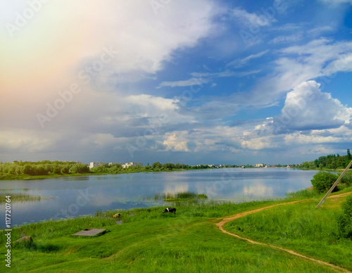 Beautiful nature  river and cloudy blue sky Beautiful nature  river and cloudy blue sky