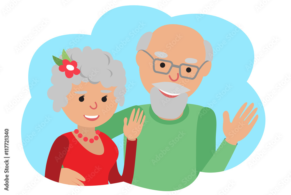 Happy senior couple waving his hand. Vector drawing in the cloud communication icone. Hello gesture. Happy senior couple waving his hand. Vector drawing in the cloud communication icone. Hello gesture.
