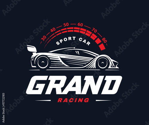 Racing car logo on dark background.