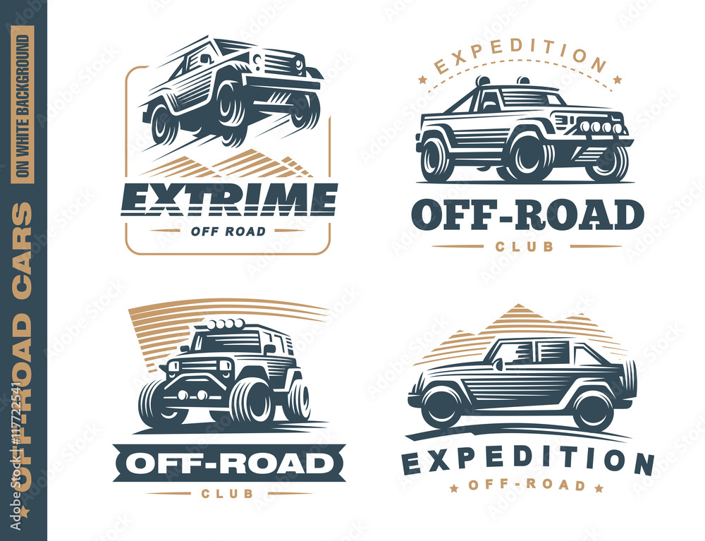 Obraz premium Set of four off-road suv car monochrome labels