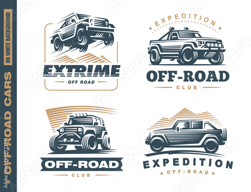 Set of four off-road suv car monochrome labels