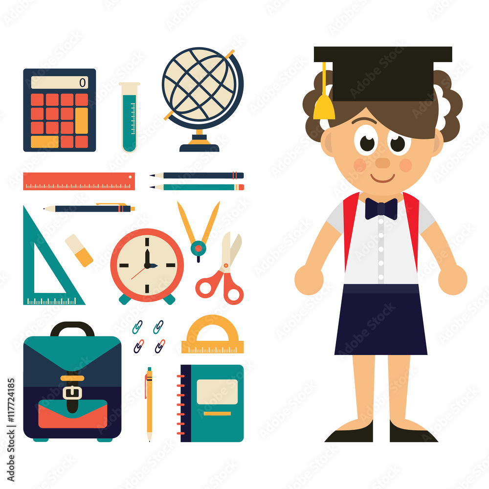 cartoon schoolgirl and school elements