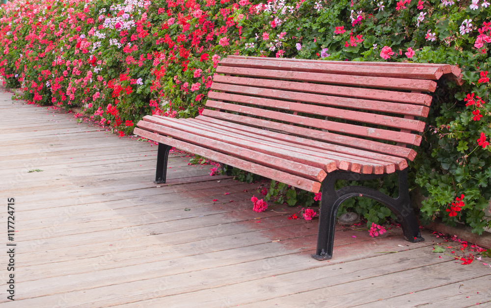 wooden bench with flowers in the background wooden bench with flowers in the background