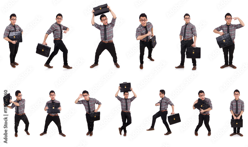 Obraz premium Young employee with briefcase isolated on white