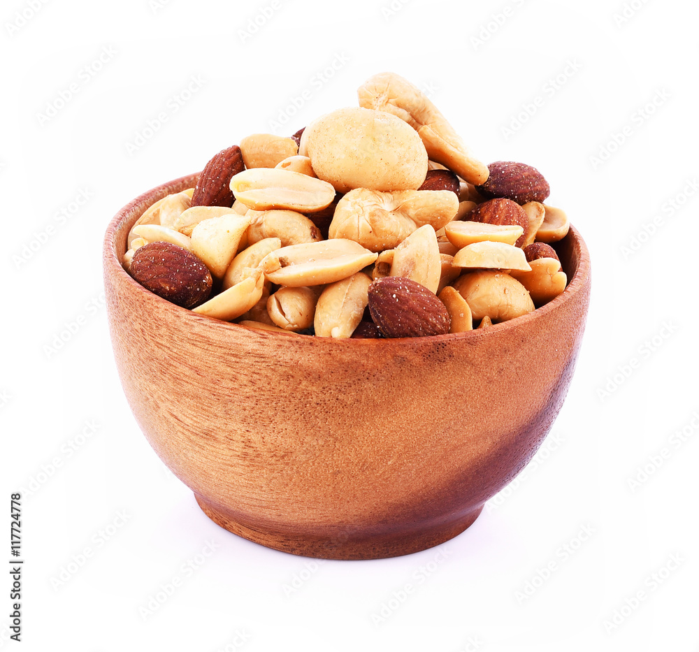 Fototapeta premium Macadamia nuts, cashews, almonds, peanuts on white background