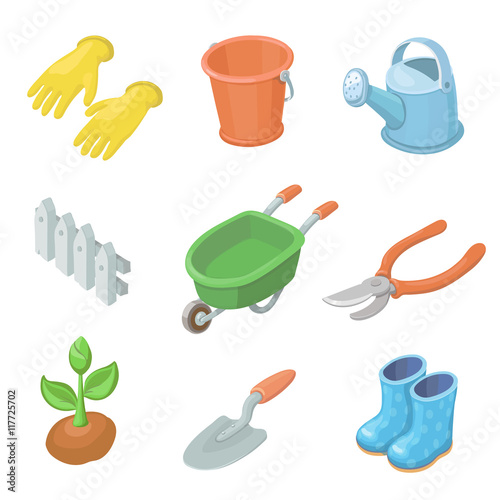 Gardening work tools icons set. Nice equipment for working in garden, gardening cart, gloves, secateurs, seeds, truck, shovel. Vector