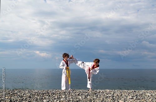 Тренировка двух детей на пляже: тхэквондо, спорт © natatretiakova