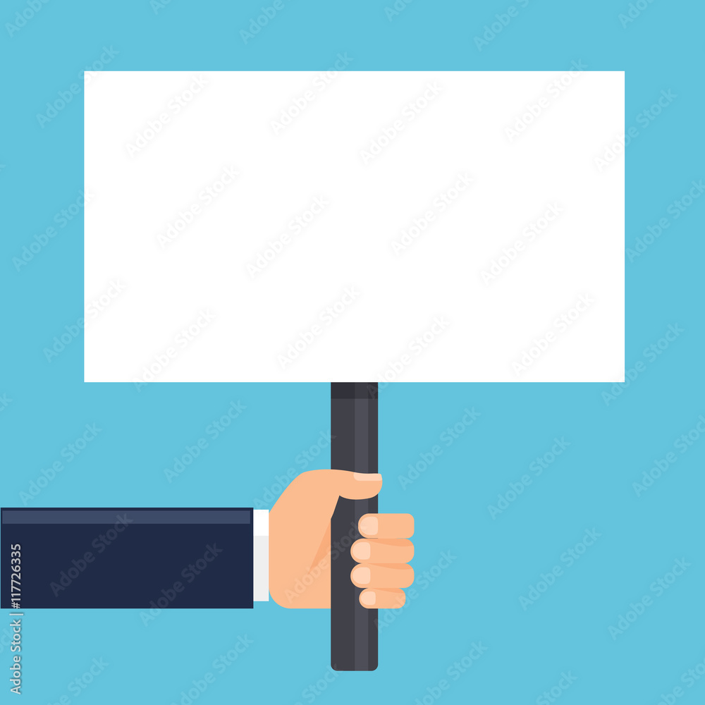hand holding a sign or blank poster. Horizontal format. Flat style. Vector illustration. hand holding a sign or blank poster. Horizontal format. Flat style. Vector illustration.