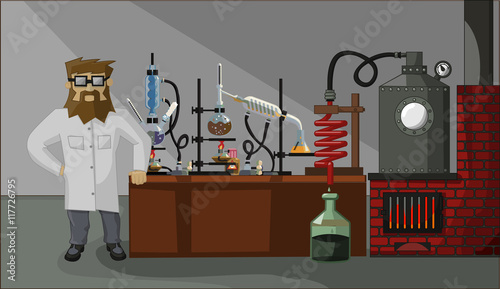 bearded chemist in the laboratory background