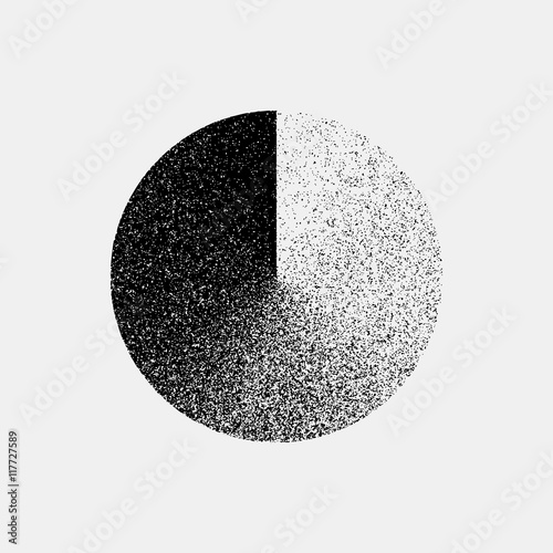 Black abstract geometric shape, circle badge with film grain, noise, dotwork, grunge texture and light background for logo, design concepts, posters, banners, web, prints. Vector illustration.