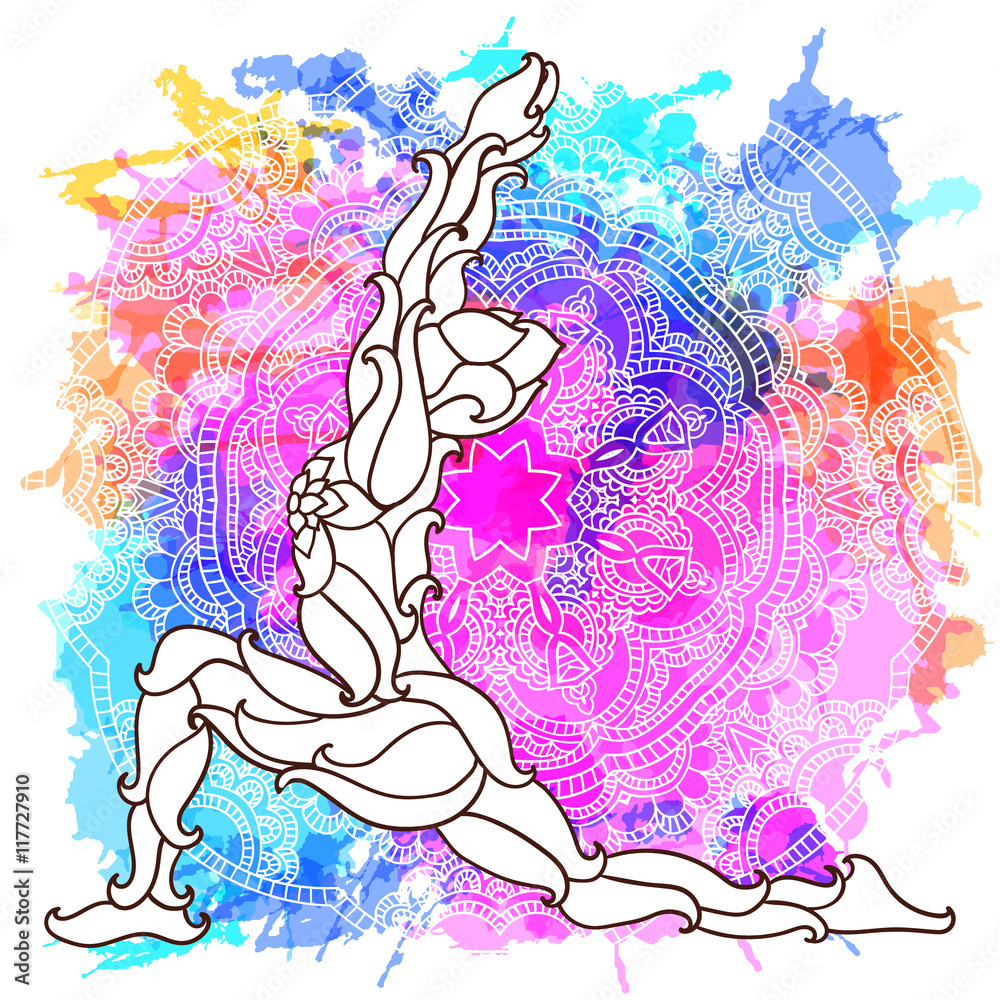 Decorative yoga pose on the abstract multicolored background with ornate round mandala pattern.