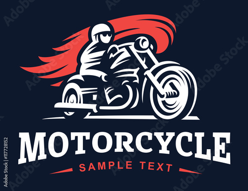 Biker, fire, motorcycle, retro emblem and label