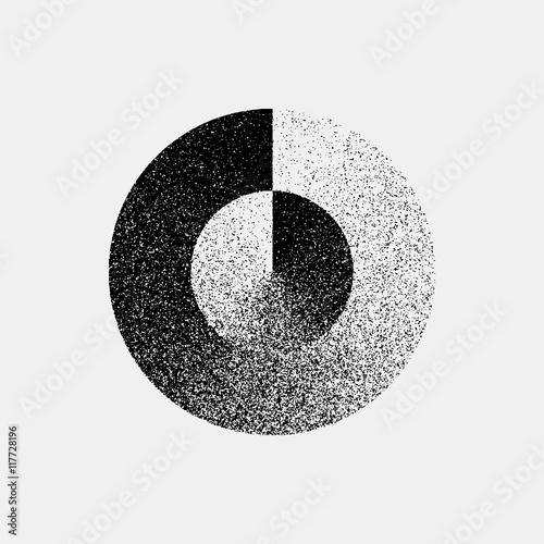 Black abstract geometric shape, circle badge with film grain, noise, dotwork, grunge texture and light background for logo, design concepts, posters, banners, web, prints. Vector illustration.