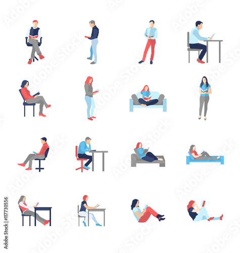 People, male, female, in different casual common reading poses