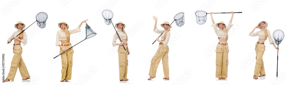 Woman with catching net on white Woman with catching net on white