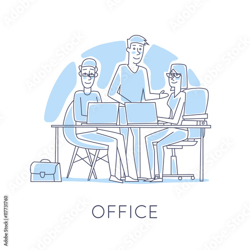Business characters thin line. Co working people  meeting  teamwork  collaboration and discussion  conference table  brainstorm. Workplace. Office life. Flat design vector illustration.