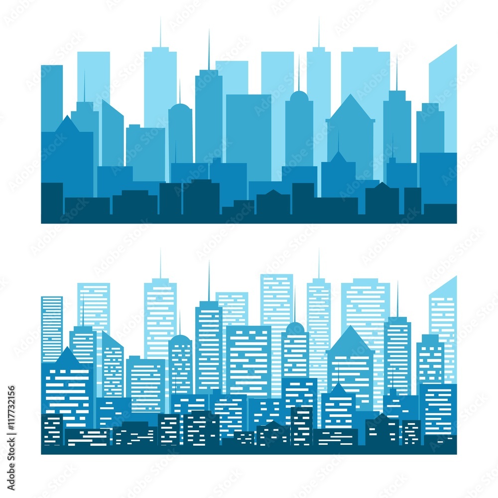 Blue silhouettes of buildings