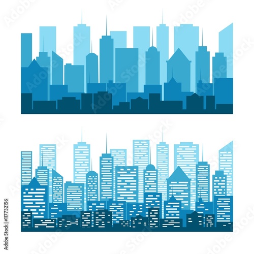 Blue silhouettes of buildings