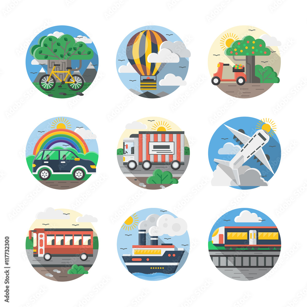 Naklejka premium Mode of transport color detailed vector icons set