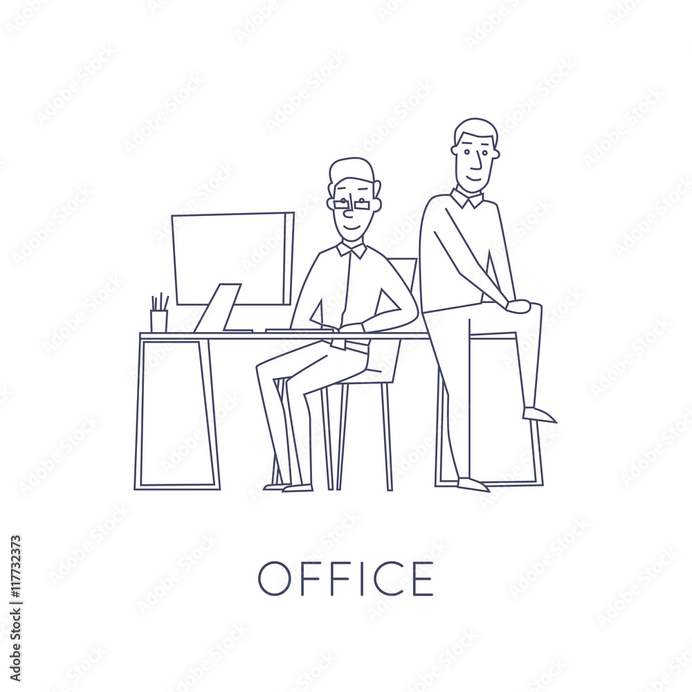 Business characters thin line. Co working people, meeting, teamwork, collaboration and discussion, conference table, brainstorm. Workplace. Office life. Flat design vector illustration.