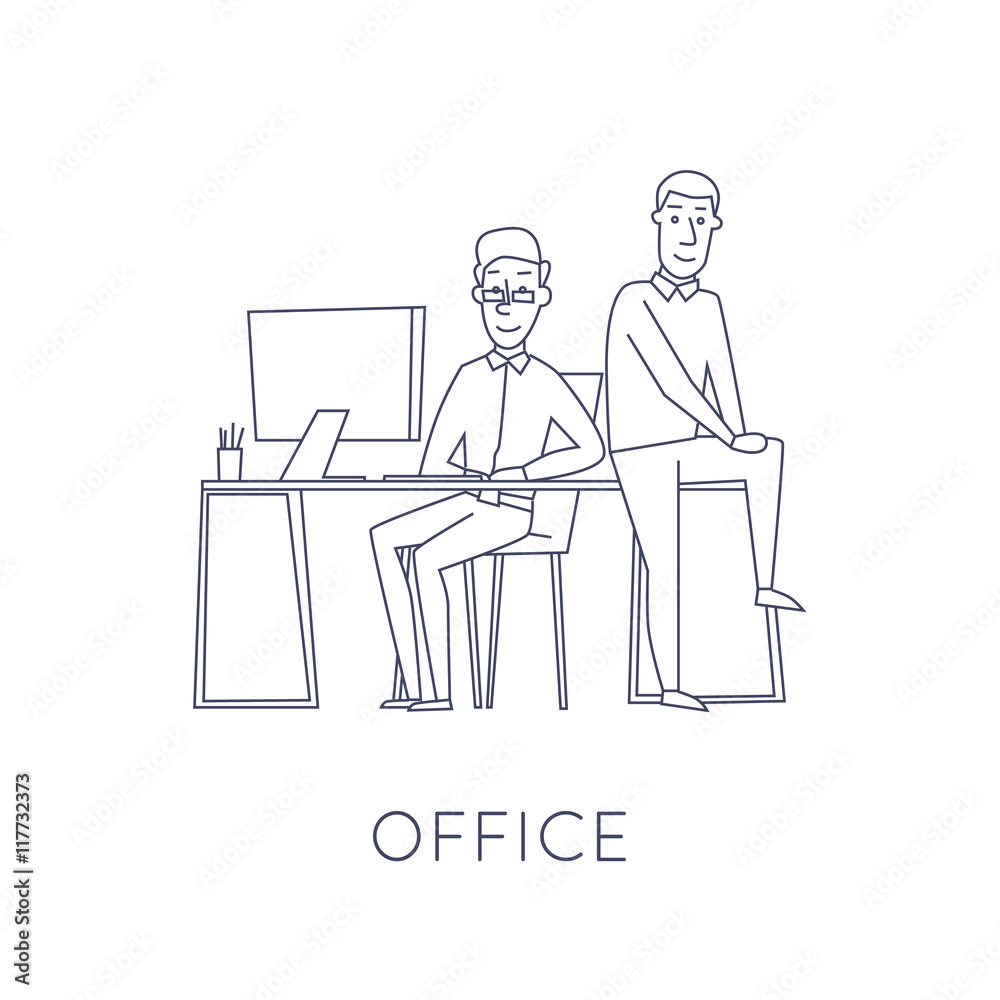 Business characters thin line. Co working people, meeting, teamwork, collaboration and discussion, conference table, brainstorm. Workplace. Office life. Flat design vector illustration. Business characters thin line. Co working people, meeting, teamwork, collaboration and discussion, conference table, brainstorm. Workplace. Office life. Flat design vector illustration.