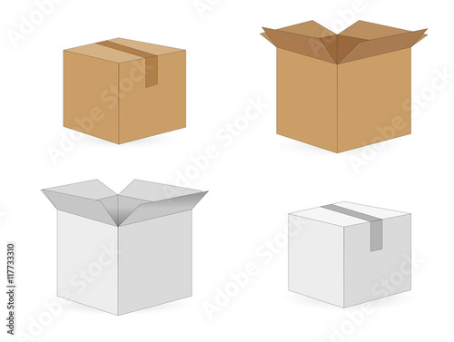 White and brown boxes, closed and open, isolated on white background. Vector