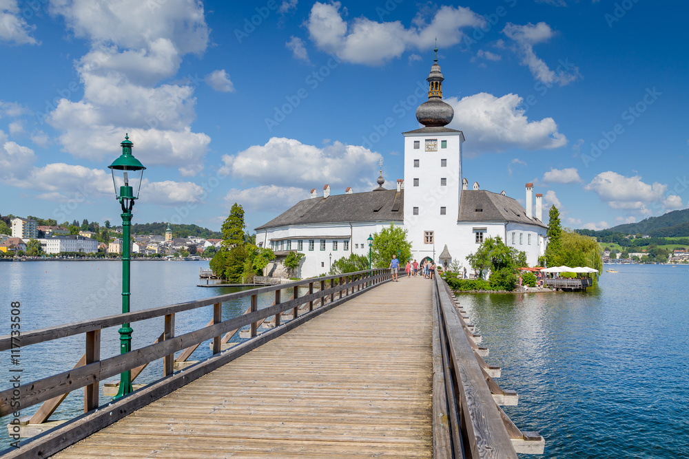 Schloss Ort with Lake Traunsee in Gmunden, Salzkammergut region, Austria