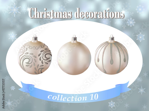 Christmas decorations. Collection of white glass balls with silv