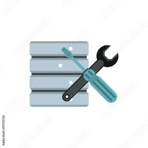 Database with screwdriver and spanner icon in flat style on a white background