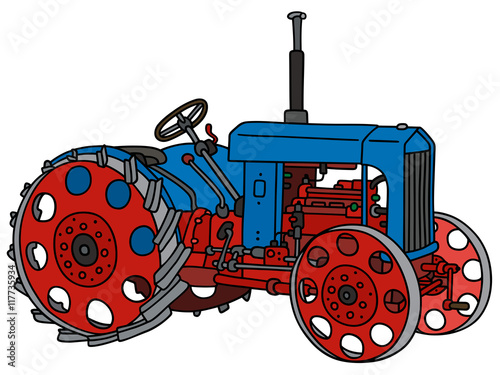 Blue vintage tractor / Hand drawing, vector illustration