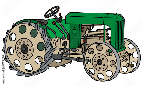 Green vintage tractor / Hand drawing, vector illustration