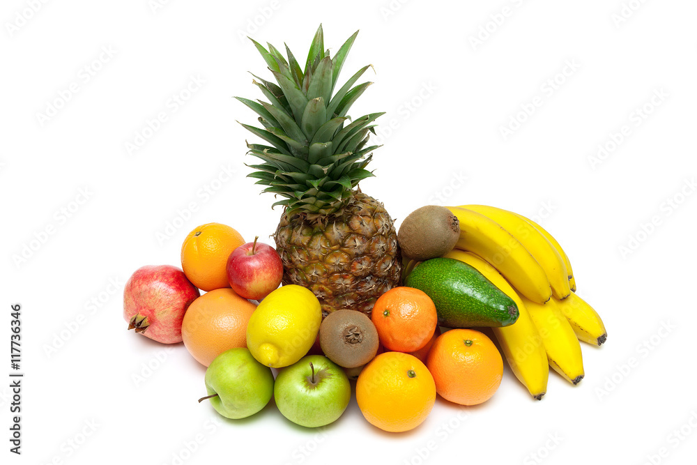 pineapple and other fruits isolated on white background