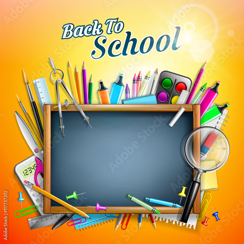Blackboard With School Supplies With Sunlight
