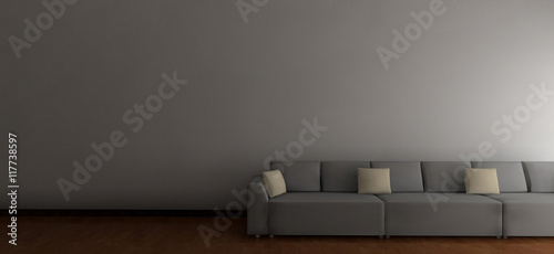 Modern living-room interior with white couch near empty gray wall. 3d render. © pentortorpong