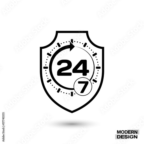 Icon shield with sign - protection around the clock, 24 hours 7 day. Isolated on white background. Vector