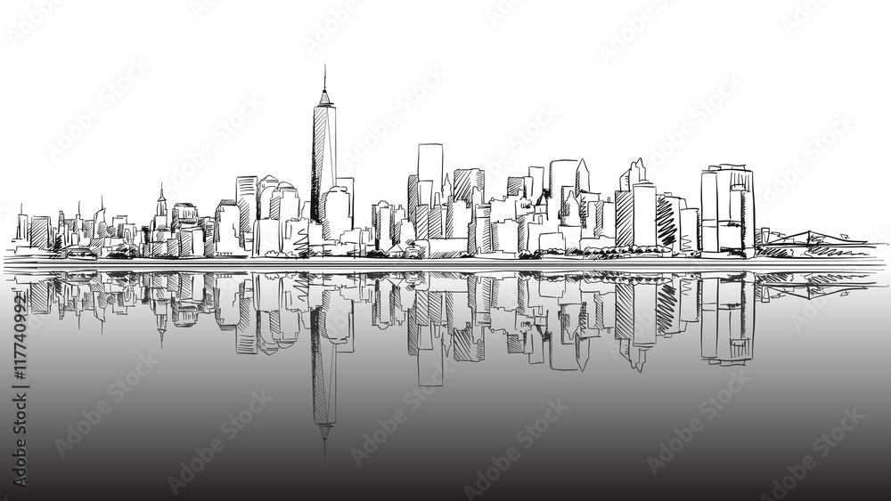 New York City Outline Sketch with Dark Footer