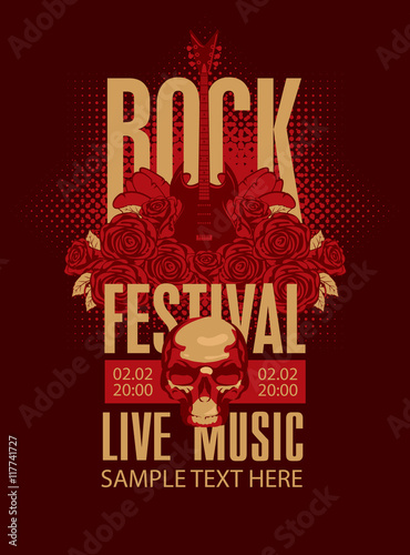music poster with an electric guitar among flowers roses and the words Rock festival
