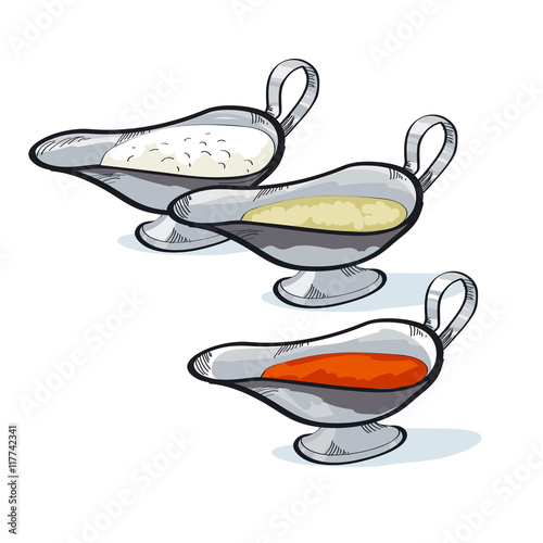 sauce in a gravy boat to choose. seasoning sketch vector illustr