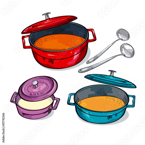 colorful soup pan assorted. sketch vector illustration.