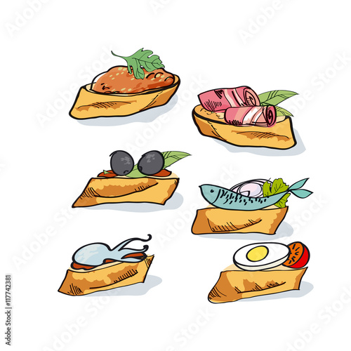 tapas sketch vector illustration. fast food meal concept. snacks