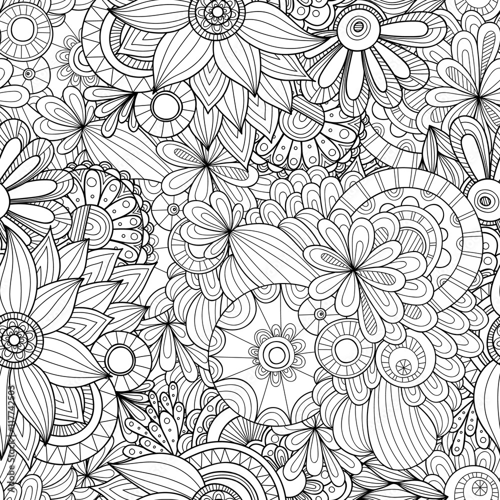 Doodle black and white abstract hand drawn vector background. Wavy zentangle style seamless pattern.