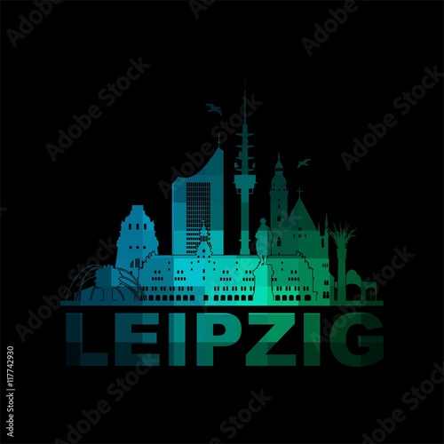 Leipzig Skyline Schattenriss Denkmäler Kultur Sehenwürdigkeiten Wandtatoo Mosaik Hochhaus Fernsehturm Springbrunnen Stadtbezirke Friedenssäule Völkerschlachtdenkmal blau türkis