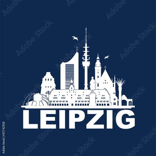 Leipzig Skyline Schattenriss Denkmäler Kultur Sehenwürdigkeiten Wandtatoo blau weiß Details