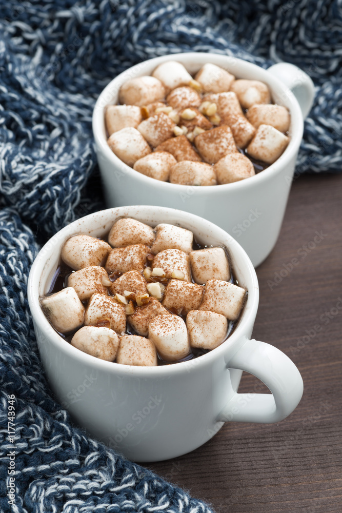 Two cups of cocoa with marshmallows Two cups of cocoa with marshmallows