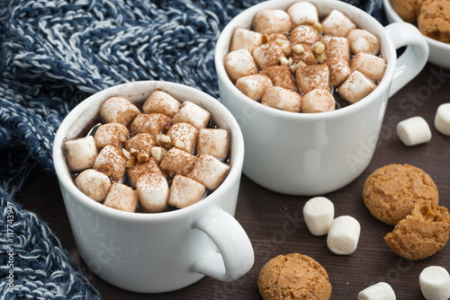 Two cups of cocoa with marshmallows on wooden table, top view