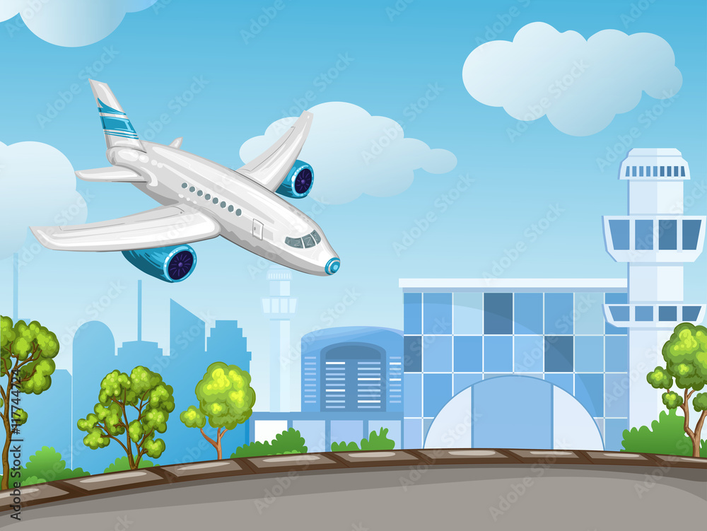 Illustration of airport ,control tower and flying airplane